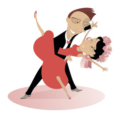 Wall Mural - Funny dancing young couple illustration. Romantic dancing man and woman isolated on white