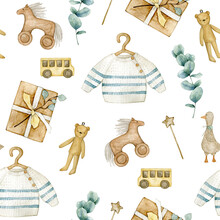 Watercolor Seamless Pattern With Baby Sweater, Wood Toys, Eucalyptus. Isolated On White Background. Hand Drawn Clipart. Perfect For Card, Postcard, Tags, Invitation, Printing, Wrapping, Fabric.