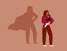 Strong Working Woman Holds Her Child On The Background Female's Shadow In The Cape As A Superhero. Maternity And Career Concept. Vector Illustration