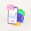 Online payment concept, money transfer, mobile wallet. 3d render
