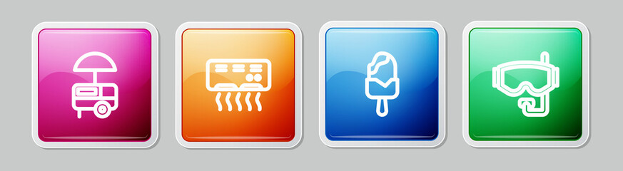 Poster - Set line Fast street food cart, Air conditioner, Ice cream and Diving mask. Colorful square button. Vector