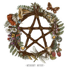 Vintage Green Witch Floral Wreath. Pentagram Dream Catcher Witchcraft Illudtration. Woodland Treasures, Mushrooms, Ferns, Amanita
