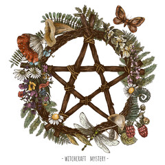 Vintage green witch floral wreath. Pentagram dream catcher witchcraft illudtration. Woodland treasures, mushrooms, ferns, amanita