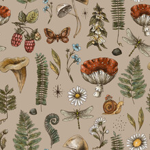 Vintage Woodland Nature Seamless Pattern. Amanita Mushroom, Fern, Forest Plants Witchcraft Wallpaper