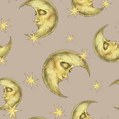 Poster - Vintage seamless pattern with a face moon. Occult mystical night texture