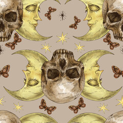 Sticker - Mystic skull vintage seamless pattern with moon face, moth death texture.