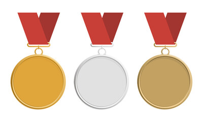 Gold, silver and bronze medal on red ribbon, icon. Medal set. Flat vector. Elegant medal isolated on white background