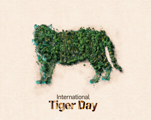 International tiger day concept 3d illustration. World Wildlife day Concept Nature reserve conserve Wildlife reserve tiger. Forest shape of tiger- environment day.