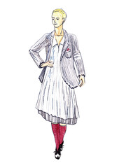 Woman in grey striped dress and jacket isolated on the white background. Watercolor fashion illustration