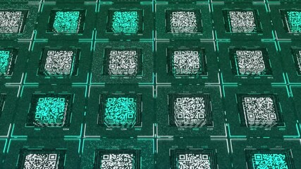 Aufkleber - Animation of glowing green and white QR codes processing on turquoise background. Animation. Global online security and data technology concept, seamless loop.