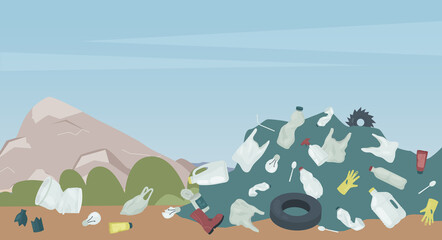 Landfill with garbage, waste dump in nature landscape, pollution environmental problem vector illustration. Cartoon dirt mound of plastic bottles, glass debris, heap of tire boots gloves background