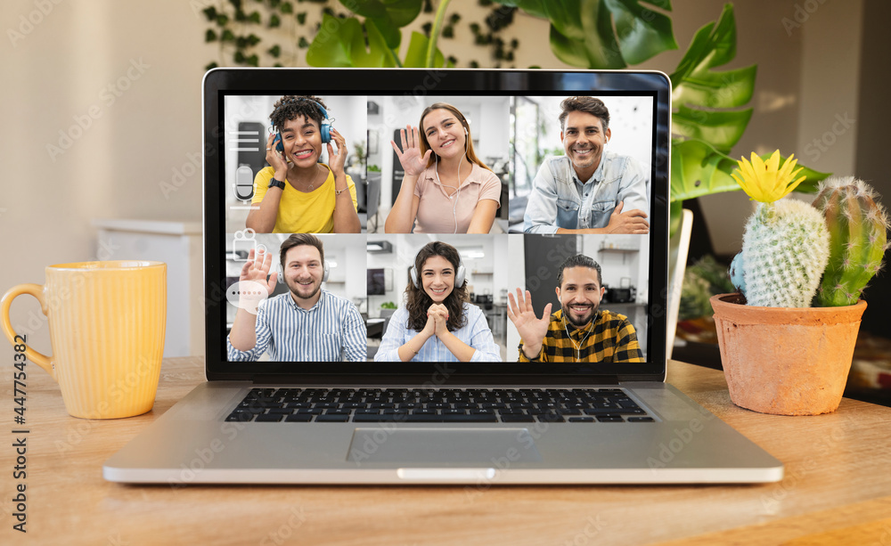 Computer Video Chatting desk with laptop using online video chat service at workplace Stock ...