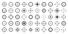 Crosshair, Gun Sight Vector Icons. Bullseye, Black Target Or Aim Symbol. Military Rifle Scope, Shooting Mark Sign. Targeting, Aiming For A Shot. Archery, Hunting And Sports Shooting. Game UI Element.
