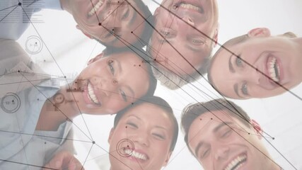 Poster - Network of connections against group of diverse office colleagues forming a huddle at at office