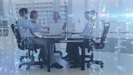 Poster - Multiple screens with mosaic squares against diverse businesspeople in a meeting at office