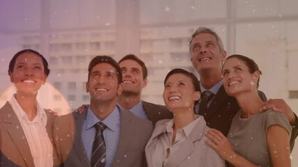 Poster - White particles floating against diverse businesspeople looking up and smiling at office