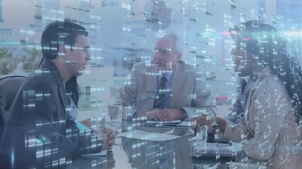 Poster - Screens with mosaic squares over businesspeople high fiving each other in a meeting room at office