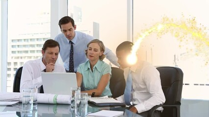 Poster - Golden shooting star against diverse businesspeople using laptop at office