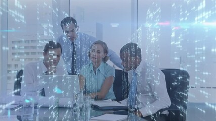 Poster - Multiple screens with mosaic squares against diverse businesspeople using laptop at office