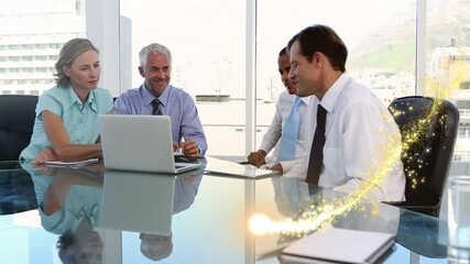 Poster - Golden shooting star against diverse businesspeople discussing together in a meeting room at office