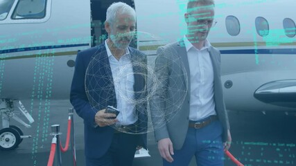 Poster - Abstract circular shape and data processing against two businessmen walking out of private plane