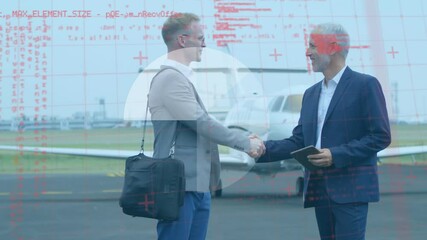Poster - Abstract shape and data processing over two caucasian businessmen shaking hands at airport runway