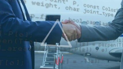 Poster - Abstract shape and data processing on mid section of two businessmen shaking hands at airport runway