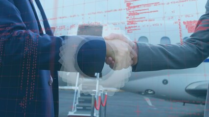 Poster - Abstract shape and data processing on mid section of two businessmen shaking hands at airport runway
