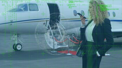 Poster - Abstract shape and data processing over businesswoman talking on smartphone at airport runway