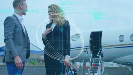 Poster - Abstract shape and data processing over businessman and businesswoman talking at airport runway