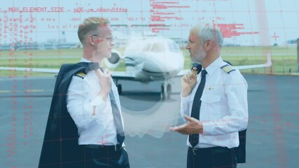 Poster - Abstract shape and data processing over caucasian two pilots talking while walking on airport runway
