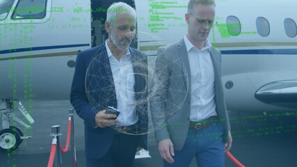 Poster - Abstract shape and data processing over two businessmen talking while walking on airport runway