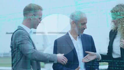 Poster - Abstract shape and data processing over caucasian businesspeople shaking hands on airport runway