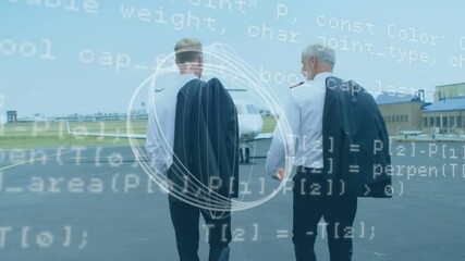 Poster - Abstract shape and data processing over caucasian two pilots talking while walking on airport runway