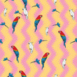 Vector orange background tropical birds, parrots, macaw, exotic cockatoo birds. Seamless pattern background