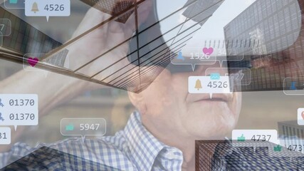Poster - Digital icons with increasing numbers over senior man wearing vr headset against tall buildings