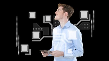 Poster - Digital interface against caucasian man using digital tablet on black background