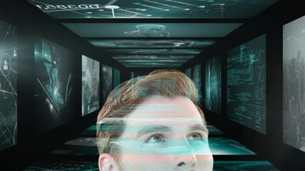 Poster - Thoughtful caucasian man against multiple screens with data processing on black background