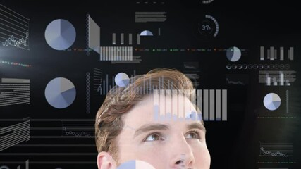 Poster - Multiple screens with data processing over thoughtful caucasian man against black background