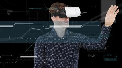 Poster - Digital interface with data processing over caucasian man wearing vr headset on black background