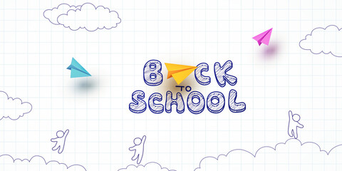 Wall Mural - Back to school notebook background. Drawing children and flying colorful airplanes banner. Vector doodle kids with 3d color paper planes on education poster