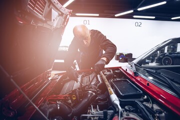 Wall Mural - Man repairing car engine with his tools. Car service