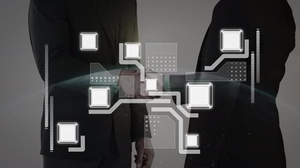 Poster - Digital interface layout over mid section of businessman and businesswoman shaking hands over globe