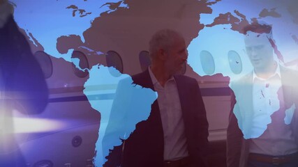 Poster - Light spots over world map against two caucasian businessmen talking to each other at airport runway