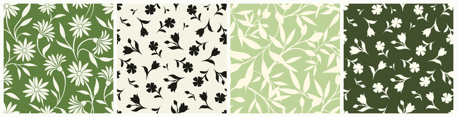 Wall Mural - set of four green and beige floral patterns with flowers and leaves. vector seamless backgrounds.