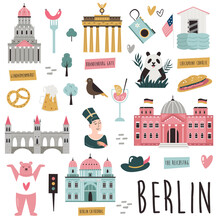 Set Of Famous Symbols And Landmarks Of Berlin. Vector Bright Set Of Icons