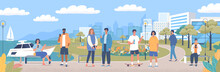 Young People Rest And Walk On The 
 Promenade Of Seaside Resort City. Cartoon People Characters Illustration