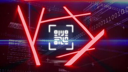 Poster - Digital animation of glowing qr code and red neon lines over data processing on black background