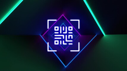 Poster - Digital animation of glowing neon blue qr code against neon colorful tunnel on black background