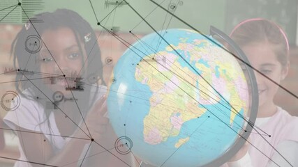 Poster - Network of connections over diverse students learning geography using a globe at elementary school